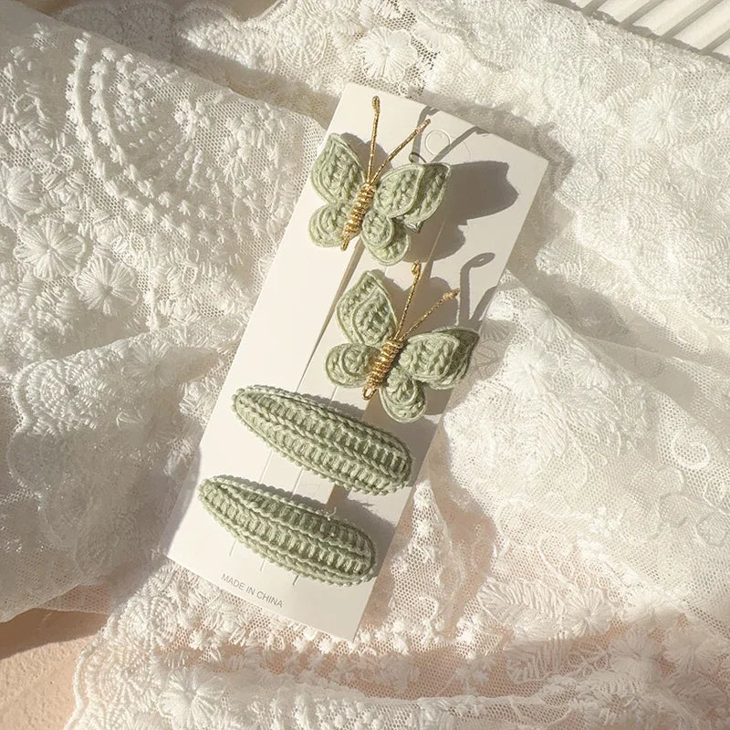 4pcs Sweet and Cute Children's Hair Clip Wool Knitting Headwear Handmade Crochet Butterfly Alloy Children Hairpins Wholesale