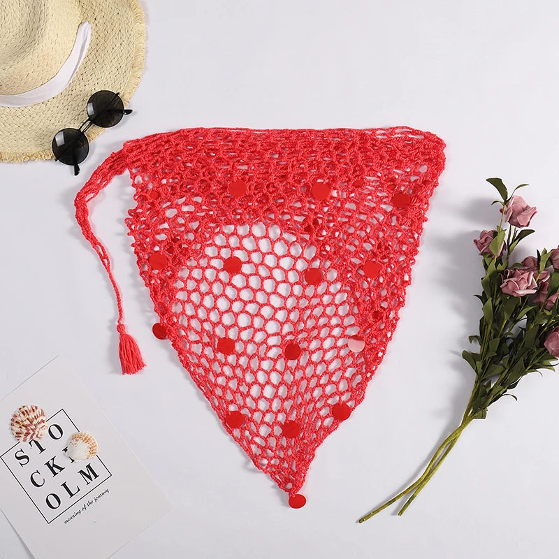 Women's Handmade Crochet Triangle Mesh Shawl With Sequins Sexy Beach Sunscreen Skirt Summer Hollow Out Swimsuit Cover Ups