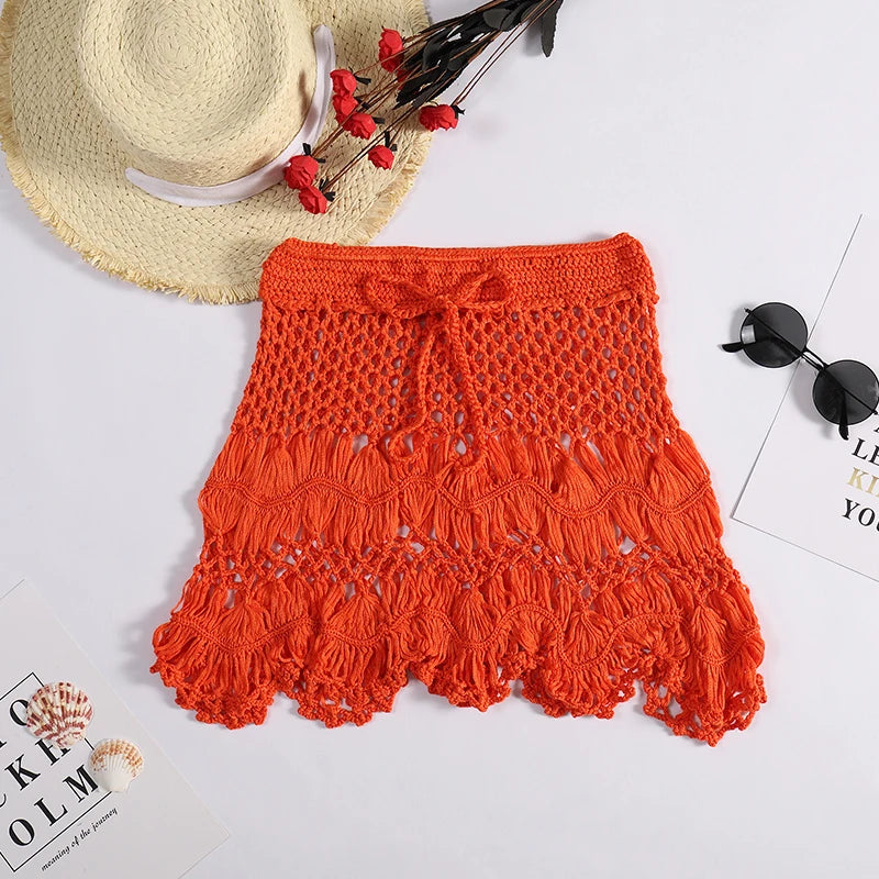 Handmade Crochet Hollow Out Swimwear Cover Up Solid Color Drawstring Short Skirt Women Holiday Knitting Sweet Beachwear