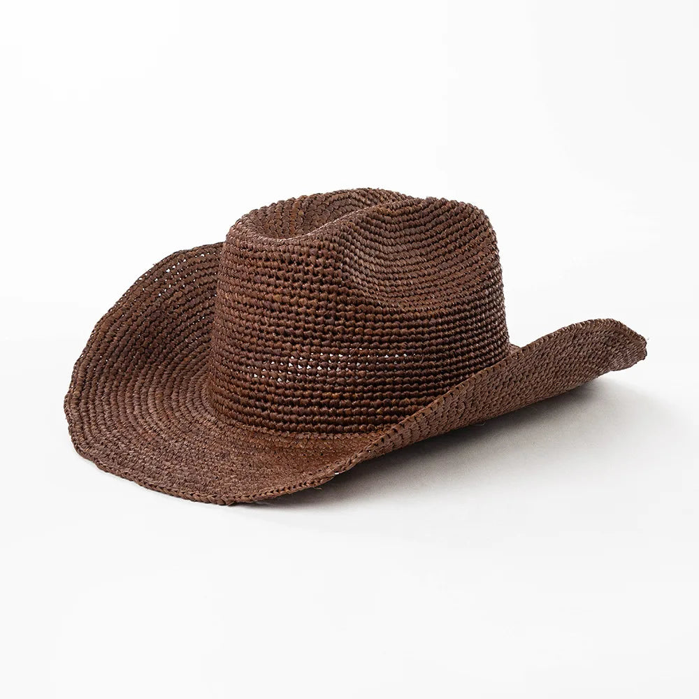USPOP Hand-crocheted Natural Raffia Straw Cowboy Hat for Women Men Summer Wide Brim Sun Hat Outdoor Breathable Beach Caps