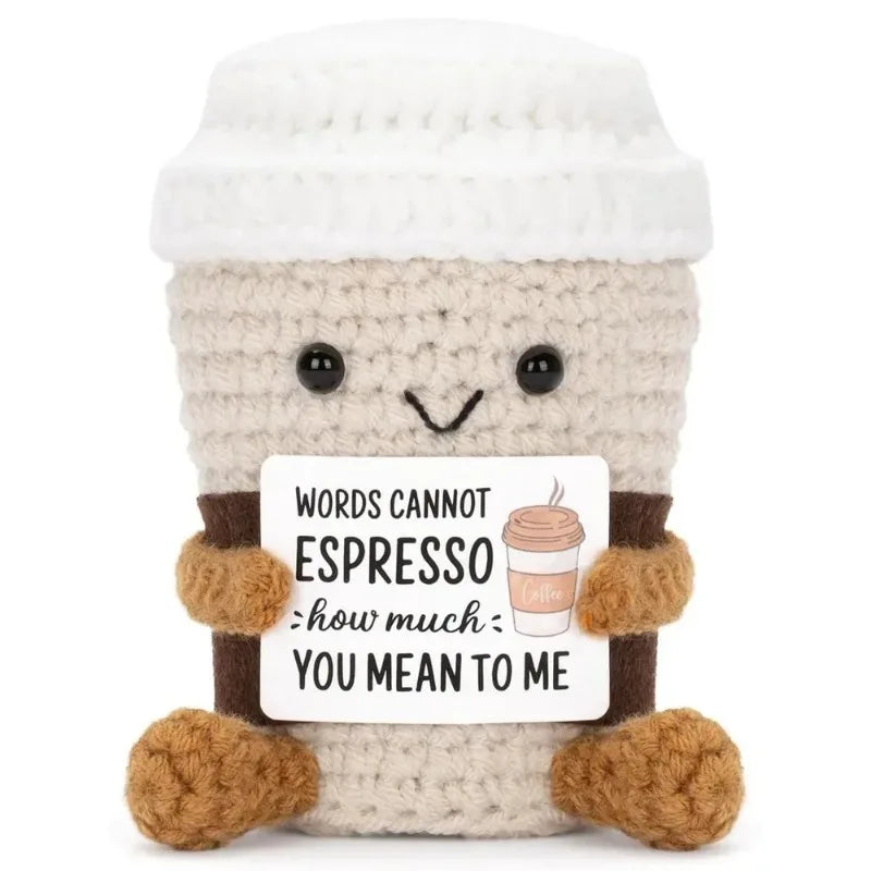 Funny Handmade Crochet Coffee Mug Figure With Card Cute Desktop Ornament Knitted Holiday Gifts Home Office Decor