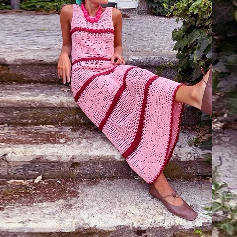 Vestidos Sexy Crochet Hook Knitted Dress Woman O-Neck Striped Print Hollow Long Dress 2025 Summer Sleeveless Holiday Beach Dress
