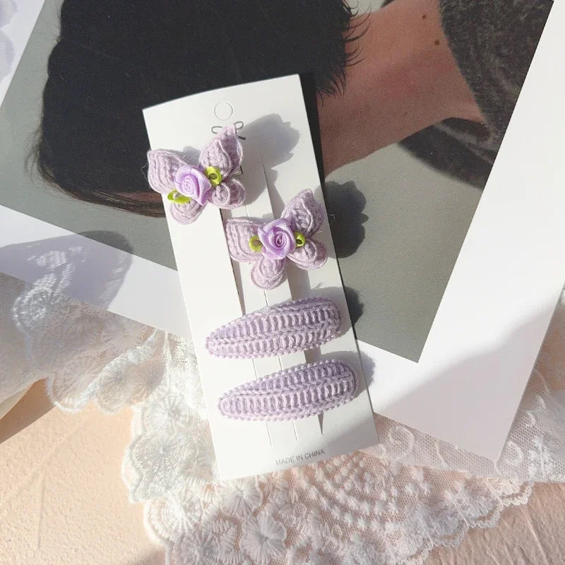 4pcs Sweet and Cute Children's Hair Clip Wool Knitting Headwear Handmade Crochet Butterfly Alloy Children Hairpins Wholesale