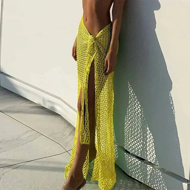 BWQ New Arrival Women Knitting Crochet Hollow Out Cover Up Solid Color Beach Dress Sexy Wrap Skirt Binding Rope Beach Wear