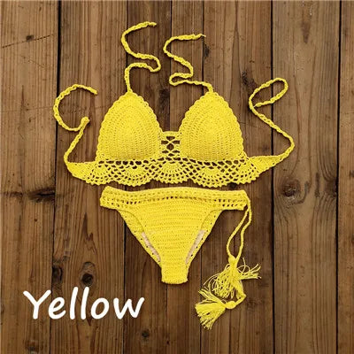 10 Color Hand Crochet Women Swimwear Sexy Crop Top Push up Bikini Set Beach Swimsuit Suit tassel Swim shorts