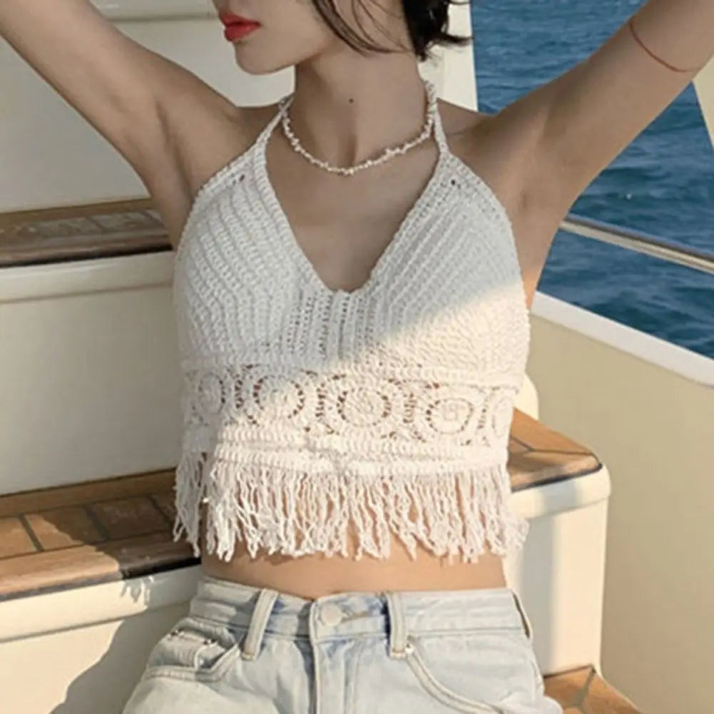 Women Crochet Halter Top Summer Beach Knit Crop Tank Fringe Boho Lace Up Backless Cami Blouse Festival Vacation Wear