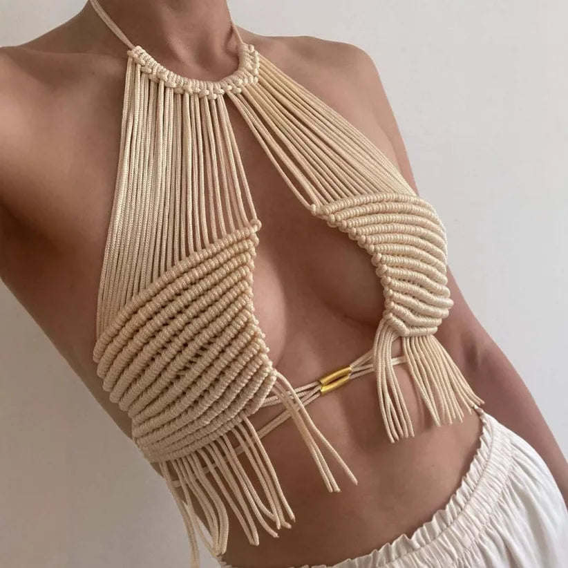Bohemian Crochet Tassel Women's Beach Vest Cover Ups 2025 Summer Halter Neck Backless Crop Tops Vacation Camis