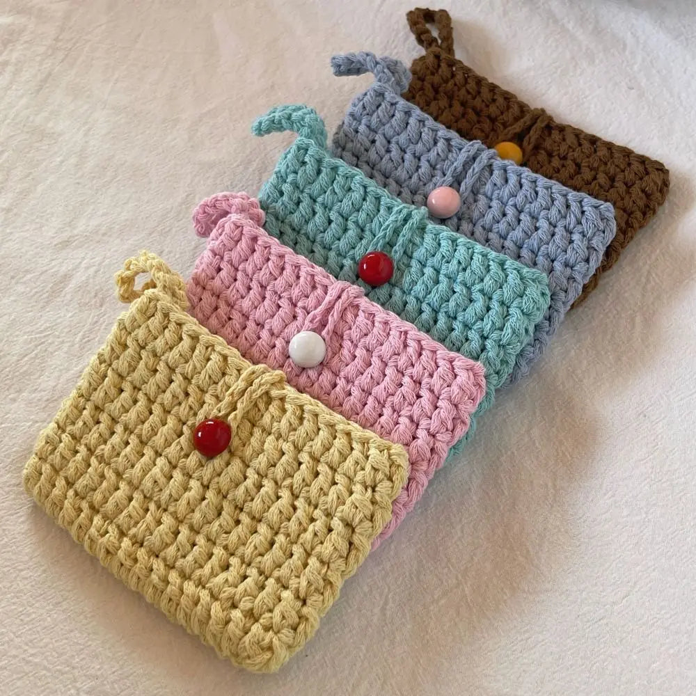 Ins Solid Color Weaving Card Bag Handmade Small Crochet Coin Purse Square Knitting Mini Handbags for Ladies/Girls