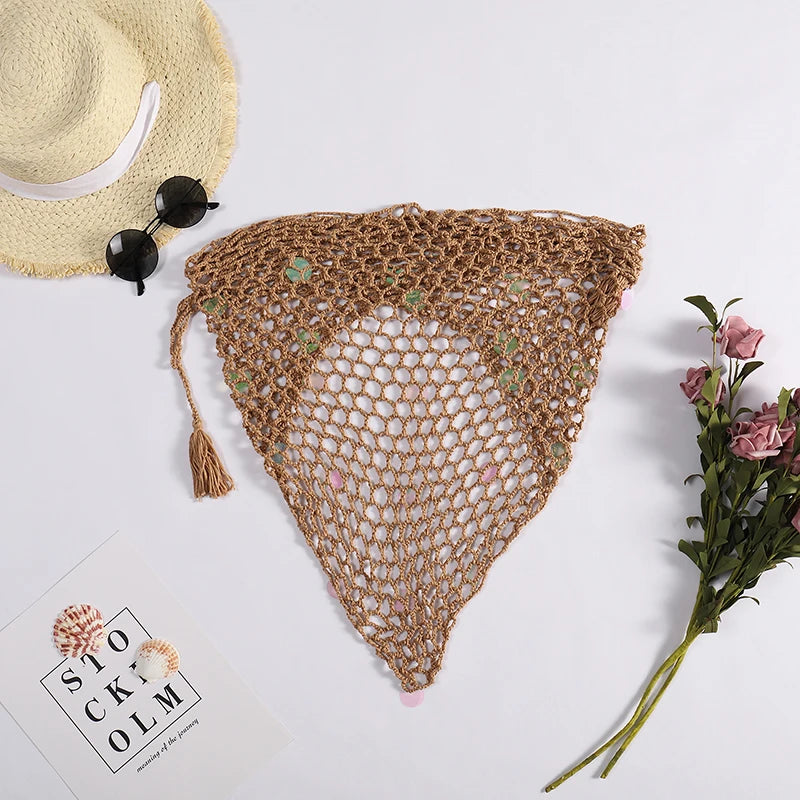 Women's Handmade Crochet Triangle Mesh Shawl With Sequins Sexy Beach Sunscreen Skirt Summer Hollow Out Swimsuit Cover Ups