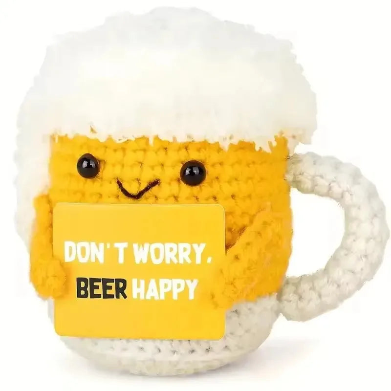 Funny Handmade Crochet Coffee Mug Figure With Card Cute Desktop Ornament Knitted Holiday Gifts Home Office Decor