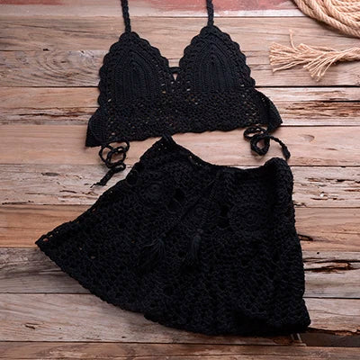 CROCHET BIKINI Two-piece Crochet Women Bikini Set Cover Up Swimsuit Swim Skirt Swimwear Bathing Swimdress Beachwear