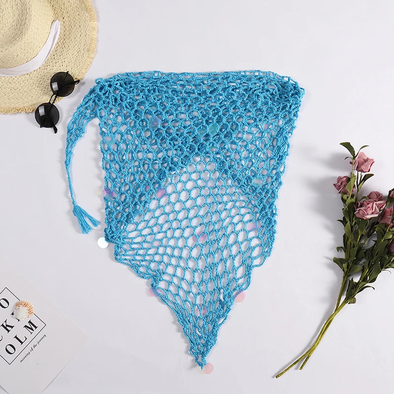 Women's Handmade Crochet Triangle Mesh Shawl With Sequins Sexy Beach Sunscreen Skirt Summer Hollow Out Swimsuit Cover Ups