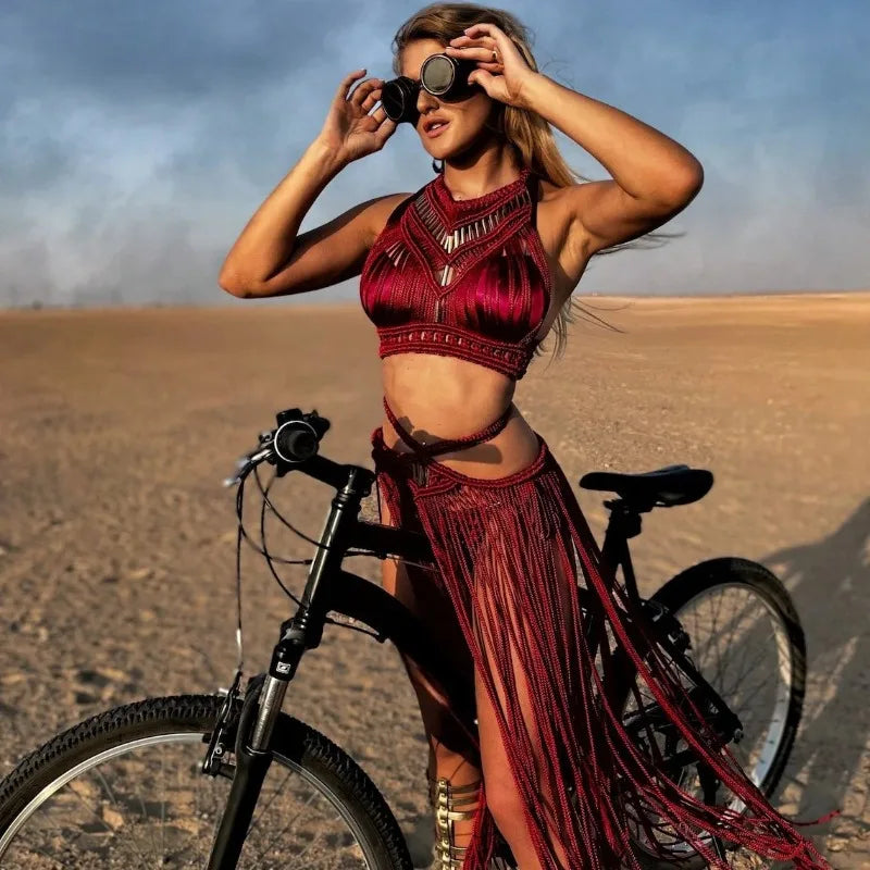 Handmade Knitted Crochet Women Cover Ups Off Shoulder Solid Tassel Crop Top Long Maxi Skirts Set 2025 Summer Beach Bathing Suit