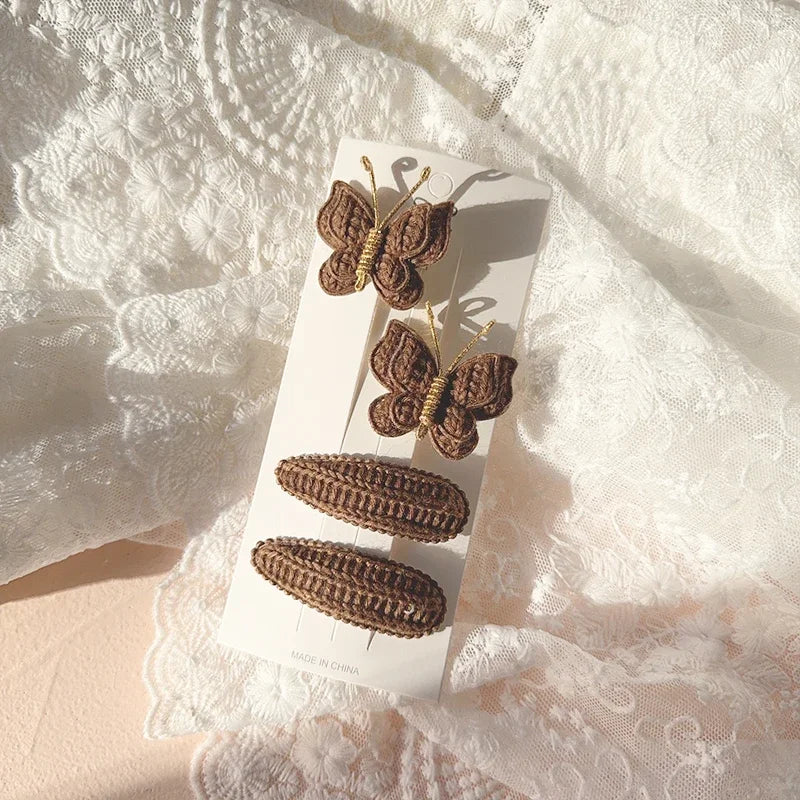 4pcs Sweet and Cute Children's Hair Clip Wool Knitting Headwear Handmade Crochet Butterfly Alloy Children Hairpins Wholesale