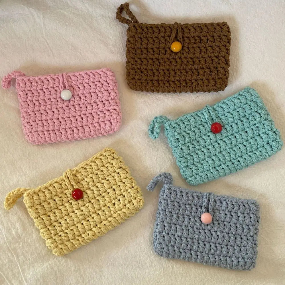 Ins Solid Color Weaving Card Bag Handmade Small Crochet Coin Purse Square Knitting Mini Handbags for Ladies/Girls