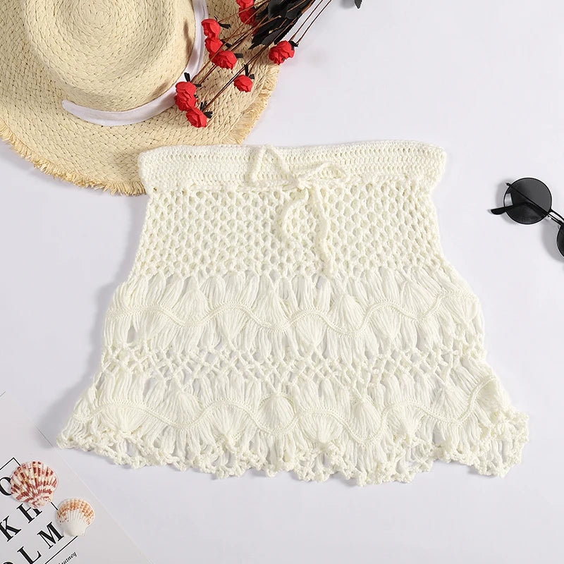 Handmade Crochet Hollow Out Swimwear Cover Up Solid Color Drawstring Short Skirt Women Holiday Knitting Sweet Beachwear