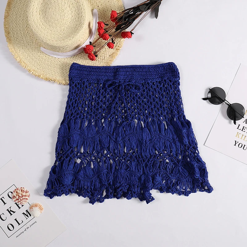 Handmade Crochet Hollow Out Swimwear Cover Up Solid Color Drawstring Short Skirt Women Holiday Knitting Sweet Beachwear