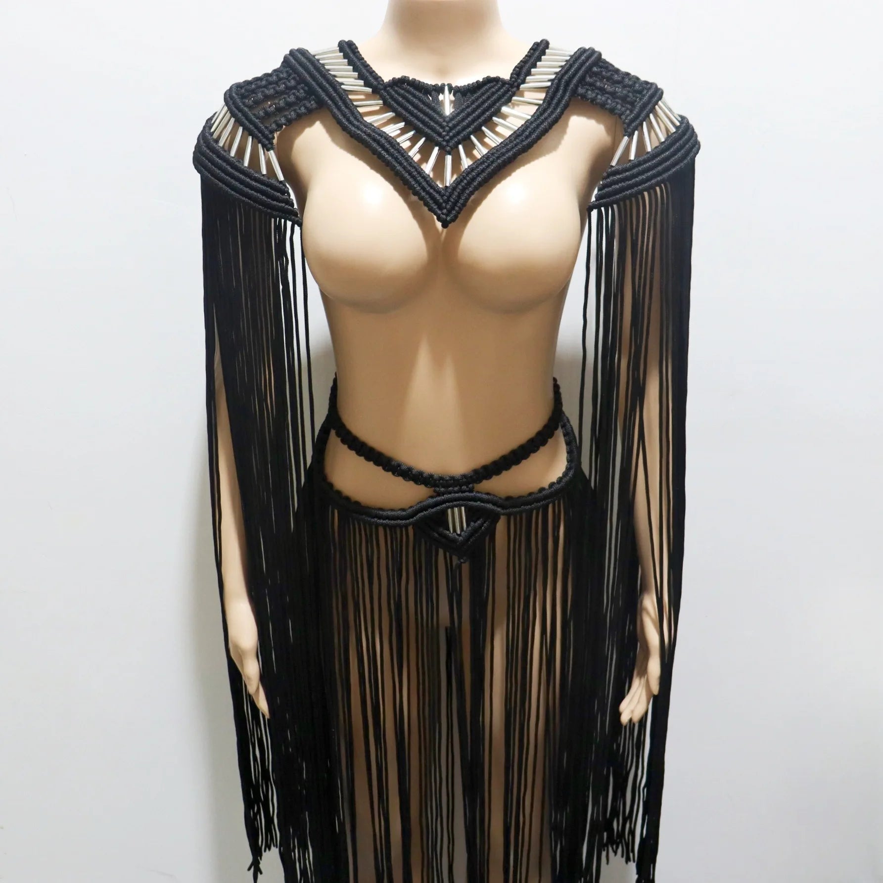 Vintage Hand Crochet Knitted Long Tassel 2 Piece Set Women Sexy Cape + Maxi Skirts Summer Holiday Bikini Cover Ups Beachwear