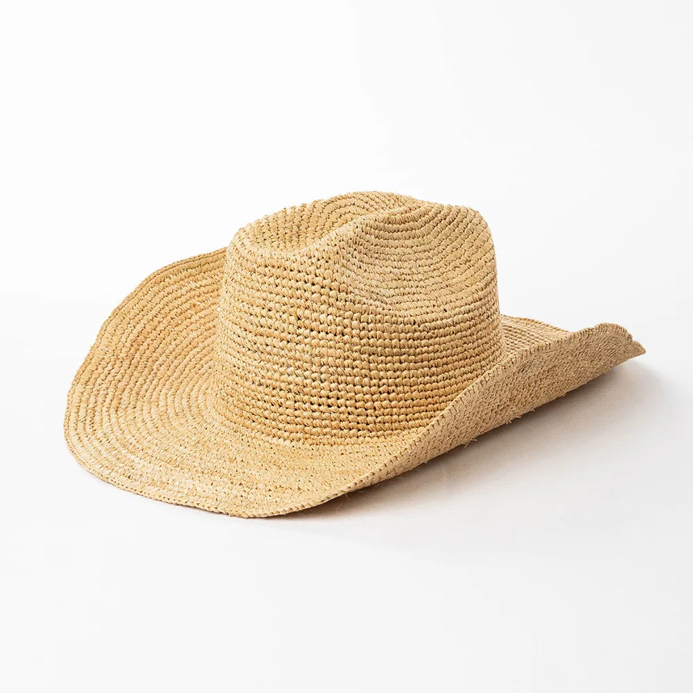 USPOP Hand-crocheted Natural Raffia Straw Cowboy Hat for Women Men Summer Wide Brim Sun Hat Outdoor Breathable Beach Caps