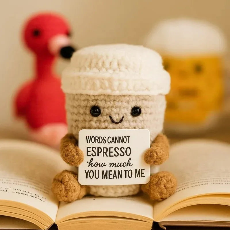 Funny Handmade Crochet Coffee Mug Figure With Card Cute Desktop Ornament Knitted Holiday Gifts Home Office Decor