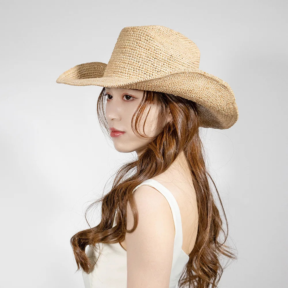 USPOP Hand-crocheted Natural Raffia Straw Cowboy Hat for Women Men Summer Wide Brim Sun Hat Outdoor Breathable Beach Caps