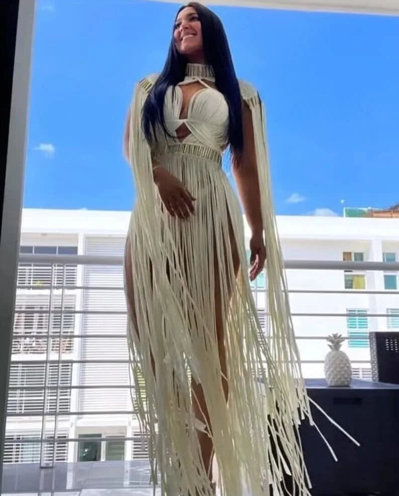 Bohemian Crochet Knitted Women Beach Cover Ups Vintage Tassel Halter Neck Long Maxi Dress Backless Vestidos Customizable Colors