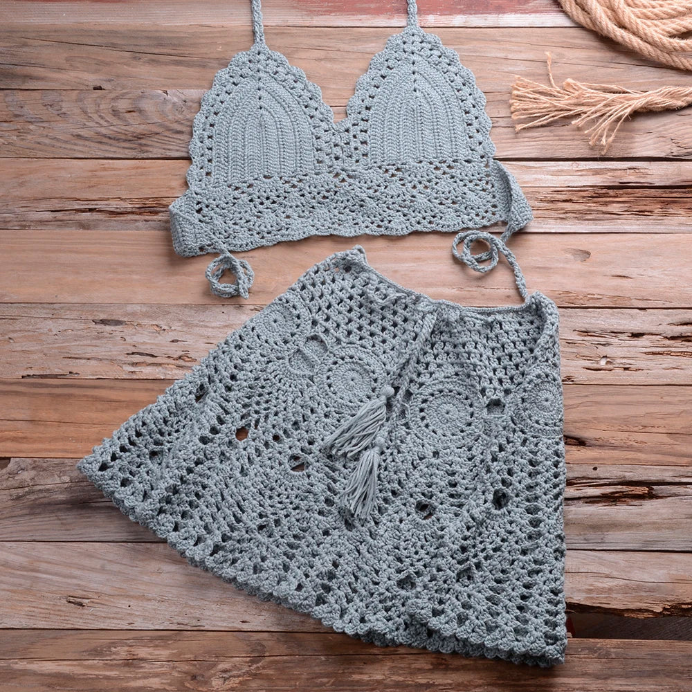 CROCHET BIKINI Two-piece Crochet Women Bikini Set Cover Up Swimsuit Swim Skirt Swimwear Bathing Swimdress Beachwear