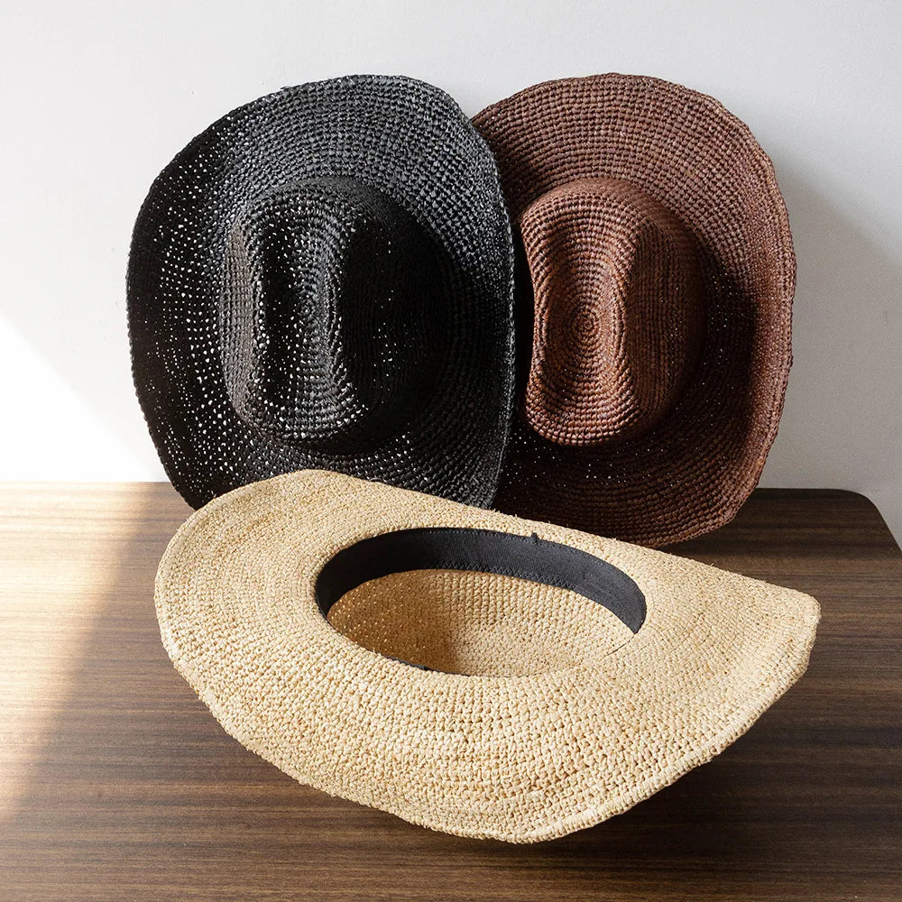 USPOP Hand-crocheted Natural Raffia Straw Cowboy Hat for Women Men Summer Wide Brim Sun Hat Outdoor Breathable Beach Caps