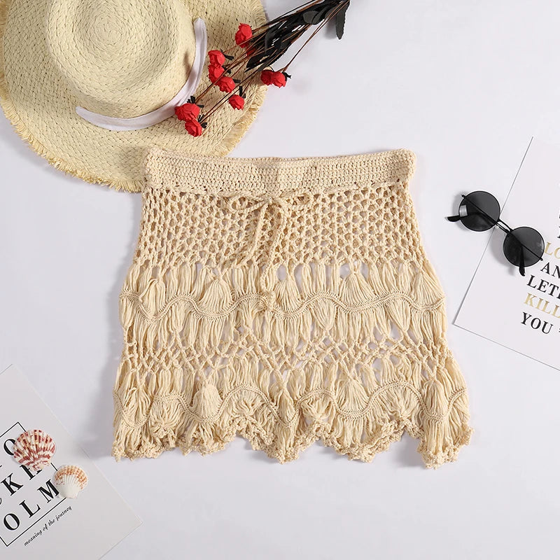 Handmade Crochet Hollow Out Swimwear Cover Up Solid Color Drawstring Short Skirt Women Holiday Knitting Sweet Beachwear