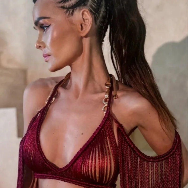 Vintage Hand Crochet Knitted Long Tassel 2 Piece Set Women Sexy Cape + Maxi Skirts Summer Holiday Bikini Cover Ups Beachwear