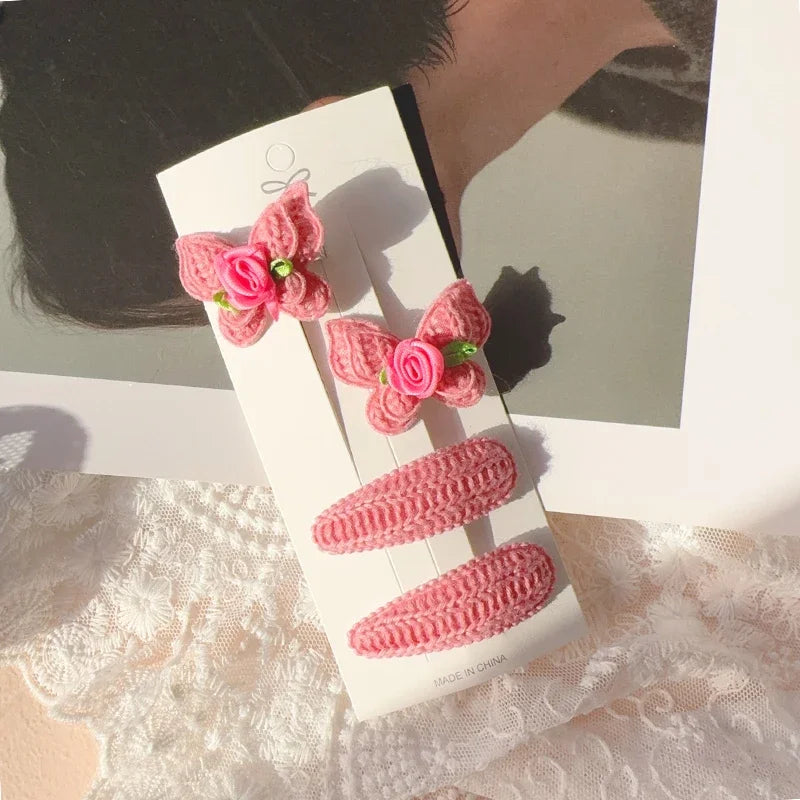 4pcs Sweet and Cute Children's Hair Clip Wool Knitting Headwear Handmade Crochet Butterfly Alloy Children Hairpins Wholesale