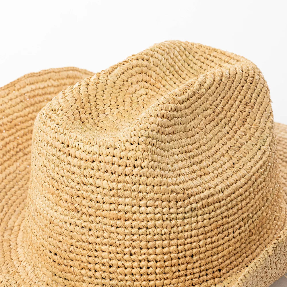 USPOP Hand-crocheted Natural Raffia Straw Cowboy Hat for Women Men Summer Wide Brim Sun Hat Outdoor Breathable Beach Caps