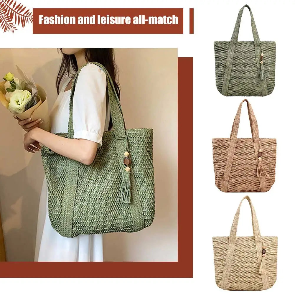 Summer Straw Women Bag Hand-Woven Handbags Handmade Raffia Beach Boho Shoulder Bag Large Tote Bag Tassel Shopping Purses