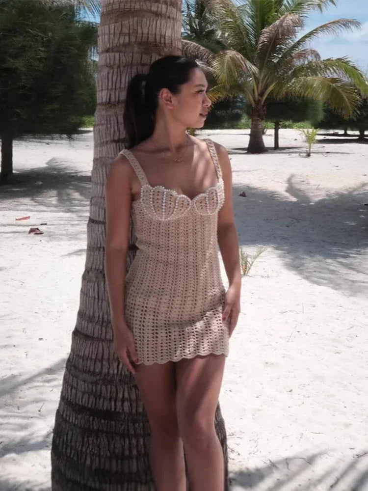 Women Sexy Hollow Out Pearl Knit Dress Crochet Seaside Suspender Hip Package Short Slip Dresses 2025 Holiday Beach Vestidos Lady