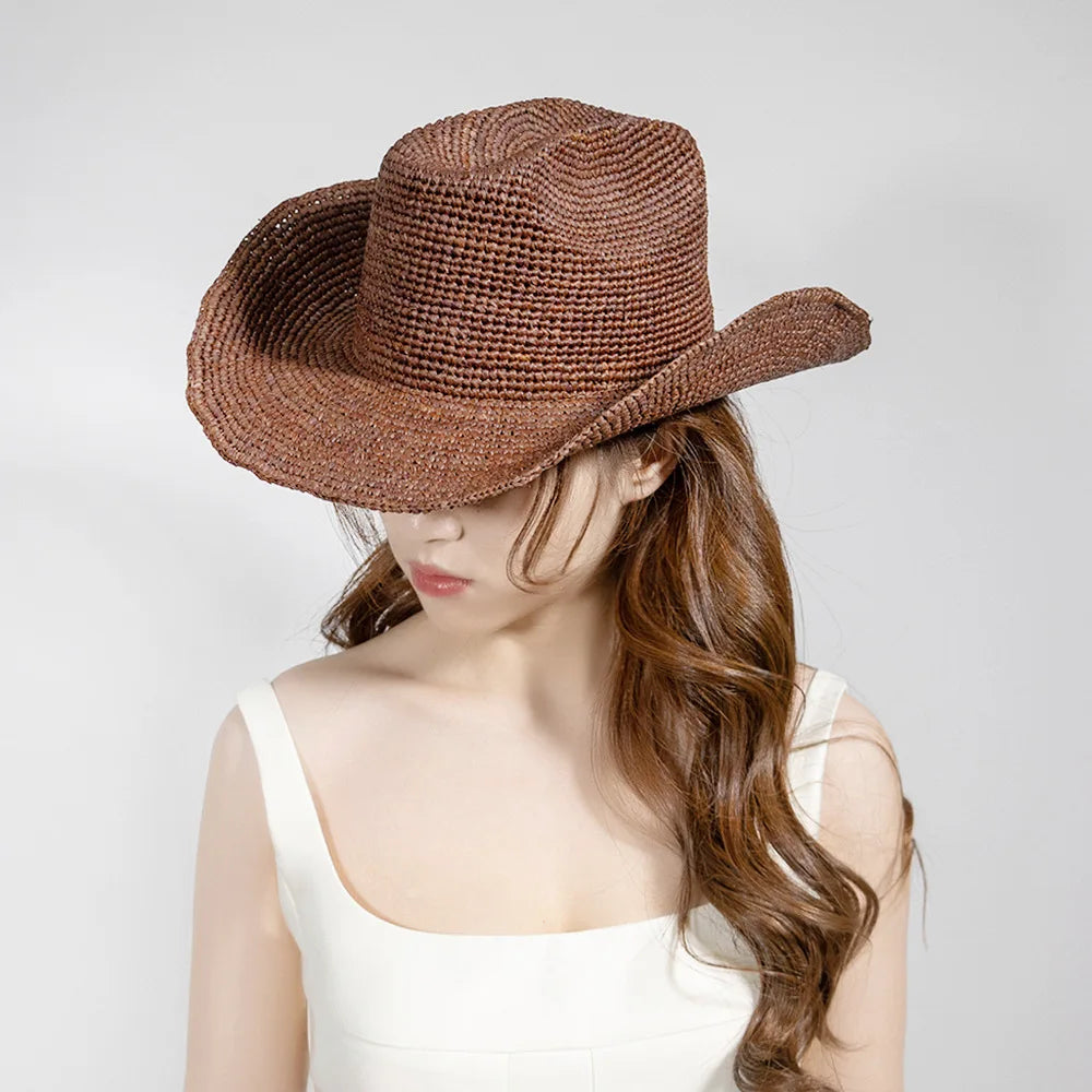 USPOP Hand-crocheted Natural Raffia Straw Cowboy Hat for Women Men Summer Wide Brim Sun Hat Outdoor Breathable Beach Caps