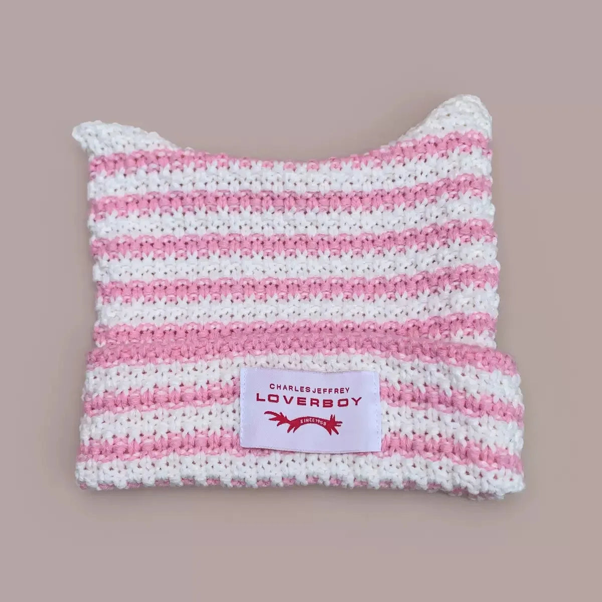 Y2K Handmade Stripe Knit Beanie Hat Cat Ears Cold Hat Winter Men Female Warm Crochet Hat Kawaii Designer