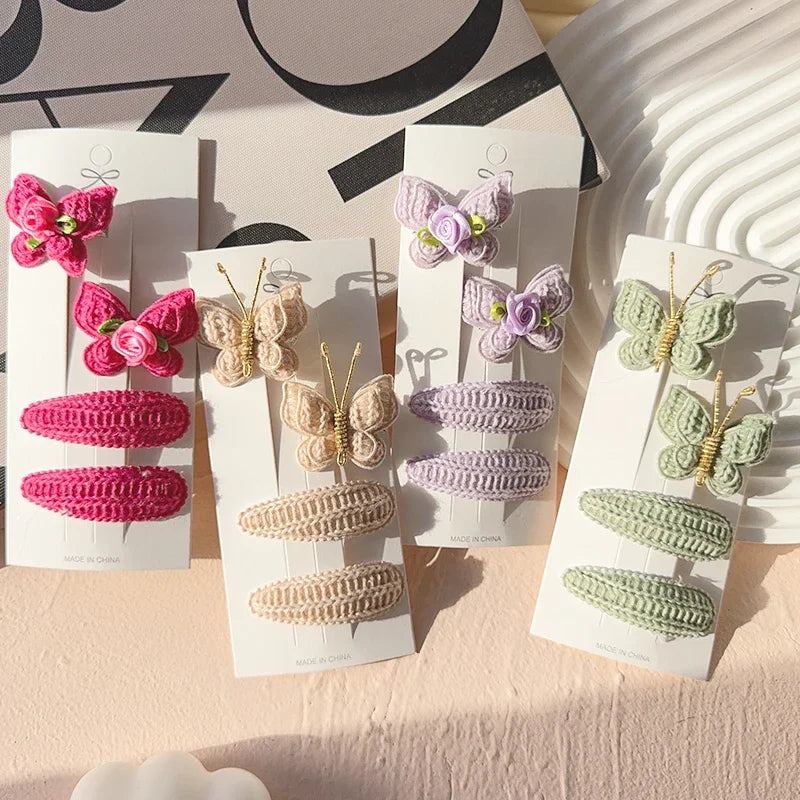 4pcs Sweet and Cute Children's Hair Clip Wool Knitting Headwear Handmade Crochet Butterfly Alloy Children Hairpins Wholesale