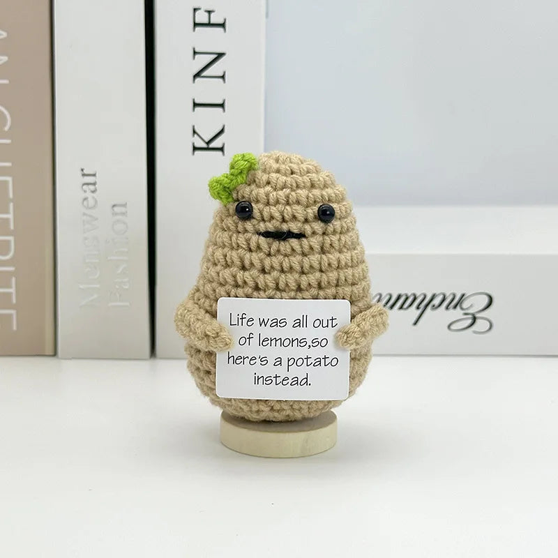 Funny Positive Crochet Sunshine Doll Desktop Ornament Handmade Cheer Emotional Support Positive Sun with Card Home Party Decor