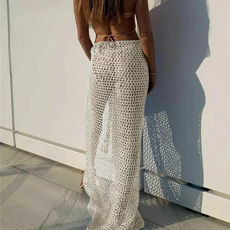 BWQ New Arrival Women Knitting Crochet Hollow Out Cover Up Solid Color Beach Dress Sexy Wrap Skirt Binding Rope Beach Wear
