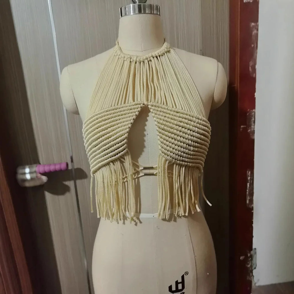 Bohemian Crochet Tassel Women's Beach Vest Cover Ups 2025 Summer Halter Neck Backless Crop Tops Vacation Camis