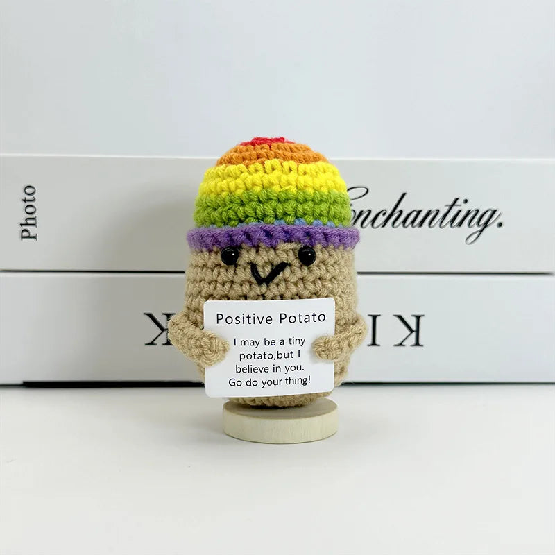 Funny Positive Crochet Sunshine Doll Desktop Ornament Handmade Cheer Emotional Support Positive Sun with Card Home Party Decor