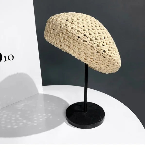 Women Handmade Crochet Beret Cap Solid Color Hollow Out Sweet Floral Weave Lady Leisure Vintage Slouchy Painter Hat