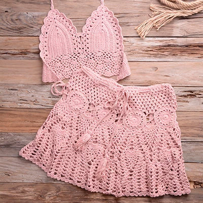 CROCHET BIKINI Two-piece Crochet Women Bikini Set Cover Up Swimsuit Swim Skirt Swimwear Bathing Swimdress Beachwear