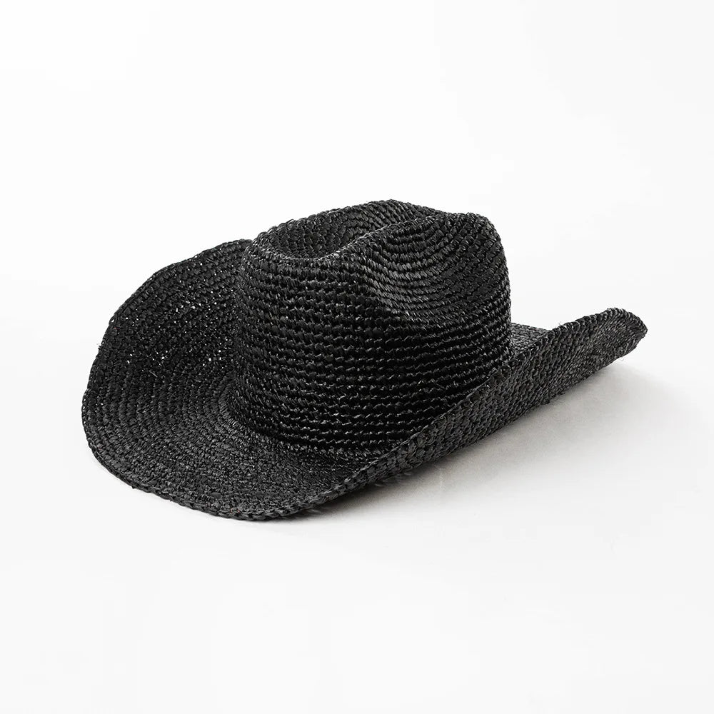 USPOP Hand-crocheted Natural Raffia Straw Cowboy Hat for Women Men Summer Wide Brim Sun Hat Outdoor Breathable Beach Caps