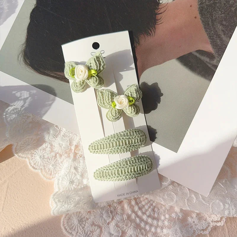 4pcs Sweet and Cute Children's Hair Clip Wool Knitting Headwear Handmade Crochet Butterfly Alloy Children Hairpins Wholesale