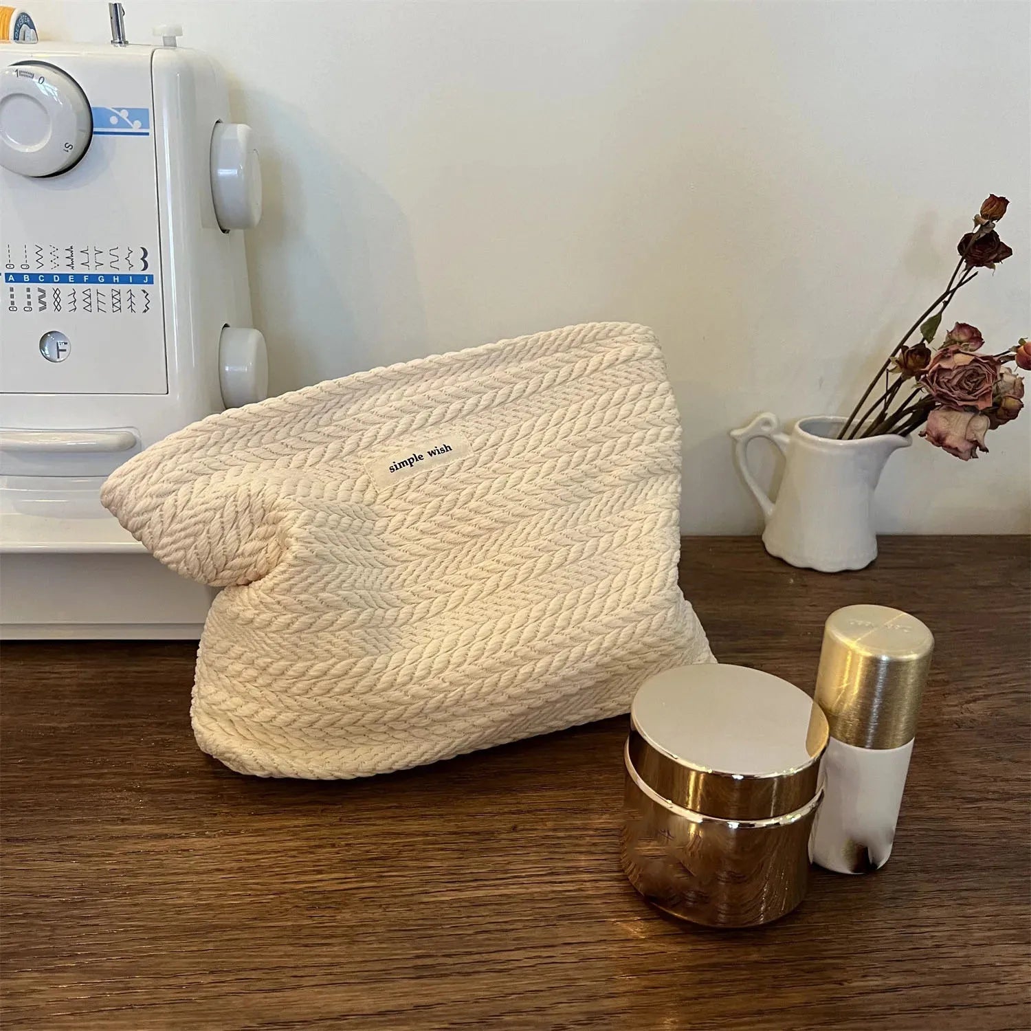 Handwoven Cotton Makeup Bag – Artistic Crochet Cosmetic Pouch with Zipper, Minimalist Clutch for Women