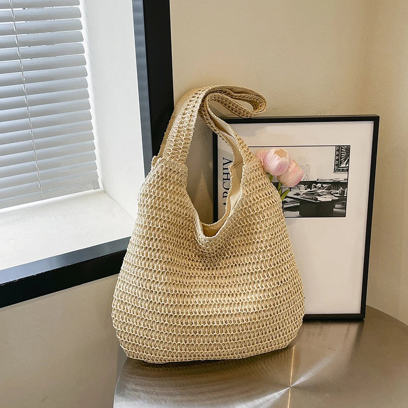 Fashion Rattan Women Shoulder Bags Woven Female Handbags Large Capacity Summer Beach Straw Bags Casual Tote Purses