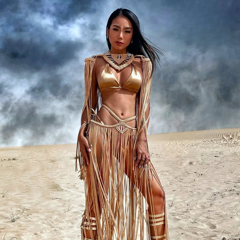 Vintage Hand Crochet Knitted Long Tassel 2 Piece Set Women Sexy Cape + Maxi Skirts Summer Holiday Bikini Cover Ups Beachwear