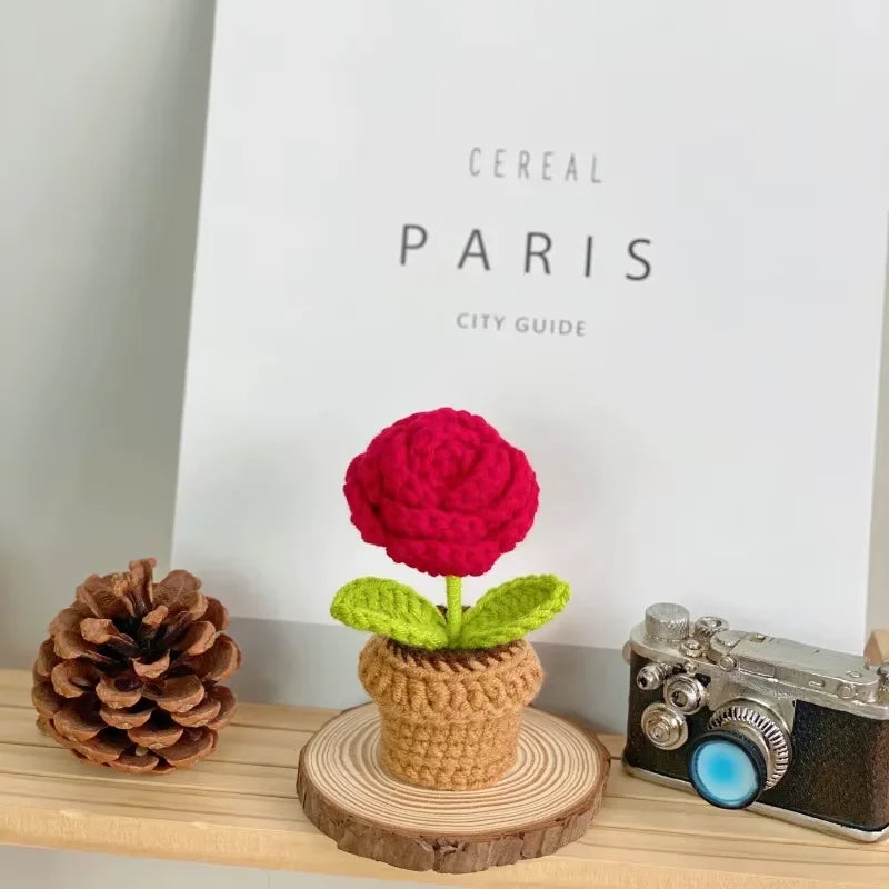 Handmade Crochet Heart-Shaped Red Potted Plant, Woven Flower Gift, Home Desktop Decoration