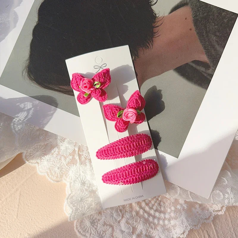 4pcs Sweet and Cute Children's Hair Clip Wool Knitting Headwear Handmade Crochet Butterfly Alloy Children Hairpins Wholesale
